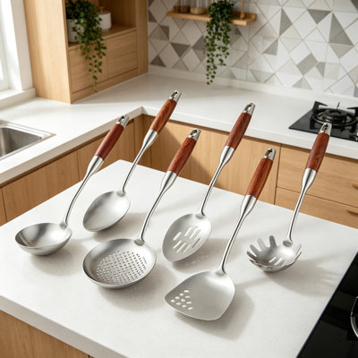 Ensemble d'ustensiles de cuisine 6 pièces en acier inoxydable avec poignée en bois Professional