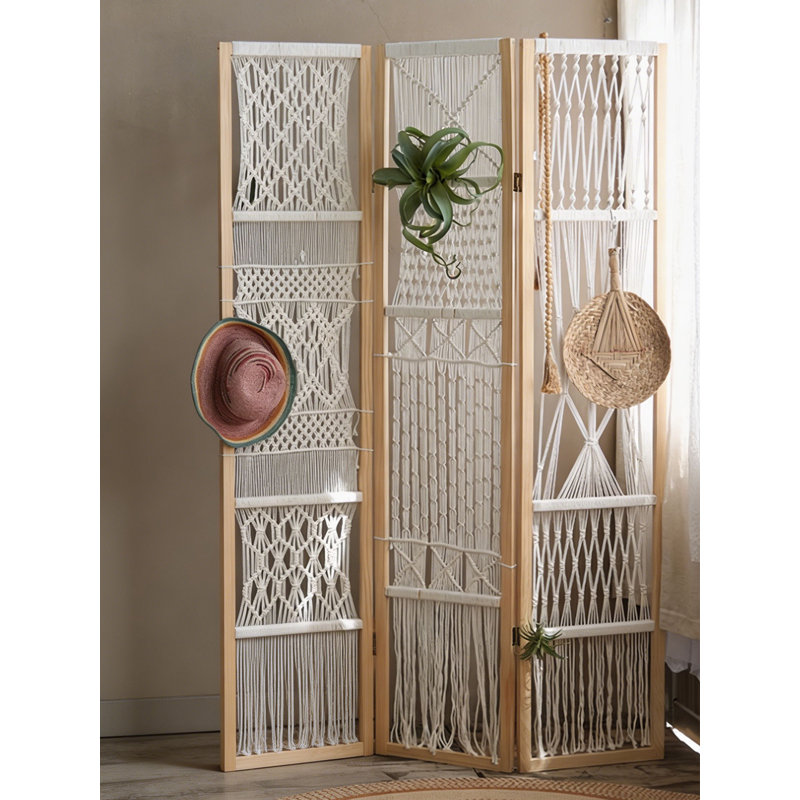 Modern Minimalist Solid Wood Bedroom Screen Hand-Woven with Cotton Thread