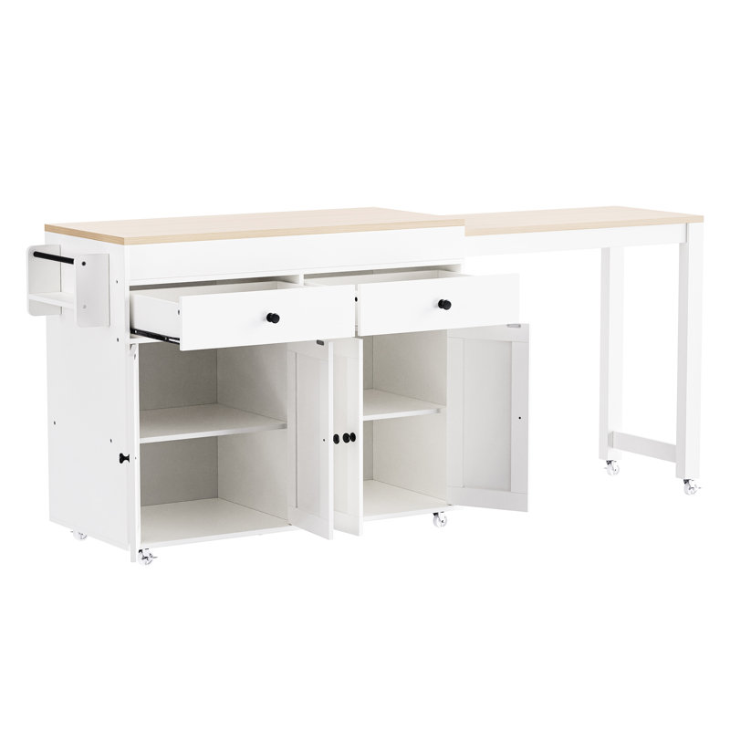 74.5 Inch Rolling Kitchen Island With 27" Extendable Table, 44"X19.75" Island, 2 Drawers, 7 Removable Universal Wheels And 4 Door Cabinet, White Spice Rack,