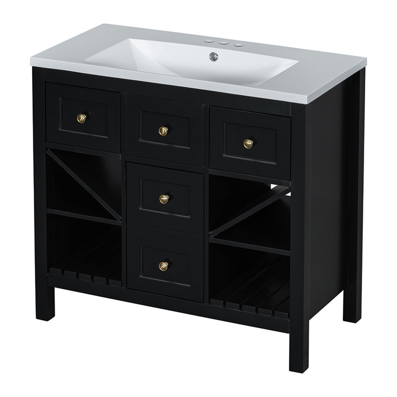 Meuble-lavabo de salle de bain avec lavabo en résine, Noir, noir, noir, noir