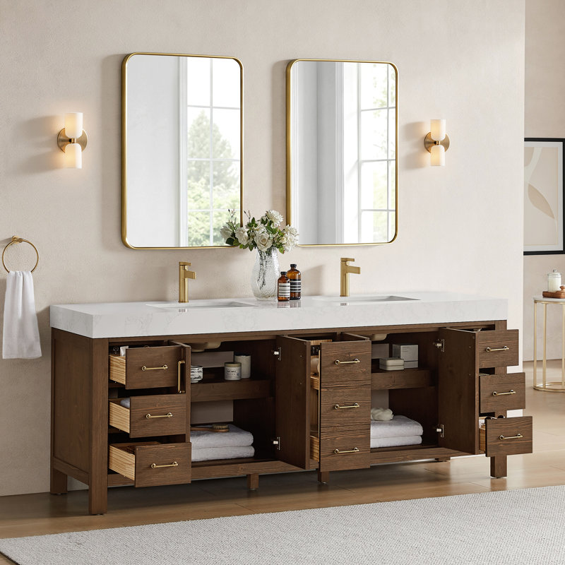 Frederica 84in. Double Bathroom Vanity in Spruce Aged Brown with Composite Stone Top and Mirror, White, Spruce Aged Brown