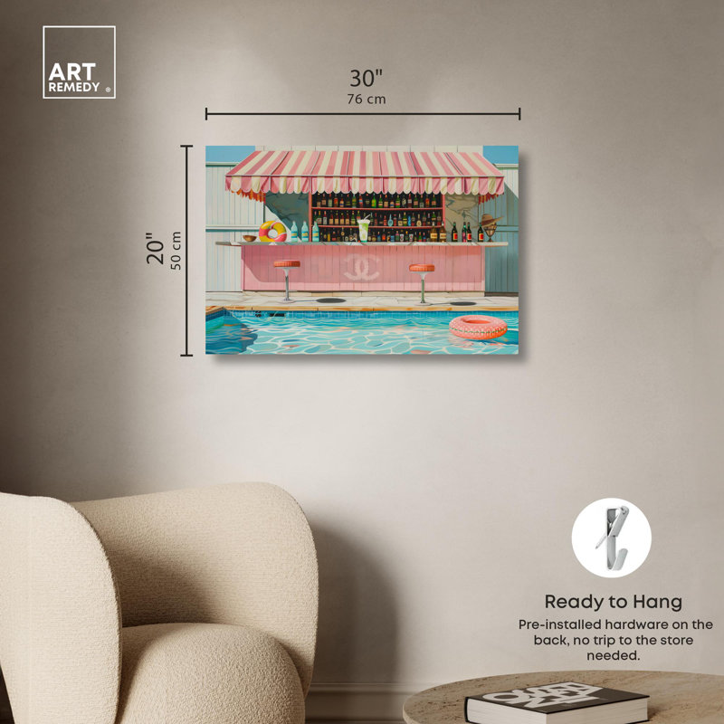 «Pink Pool Bar Party» par Glam Coastal Art , H 20 po x l 30 po, Toile tendue