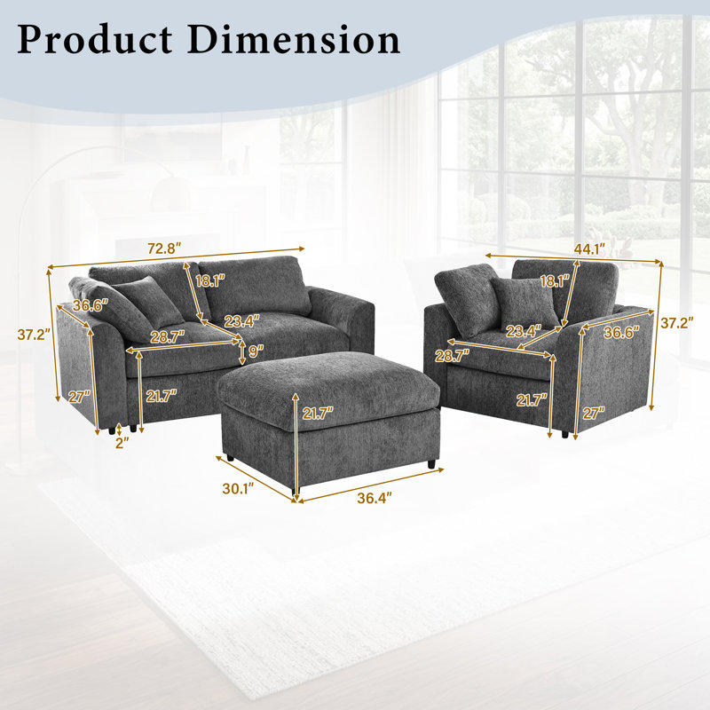 Ensemble canapé 3 pièces en bois de chenille (1 causeuse + 1 fauteuil + 1 pouf), Grey