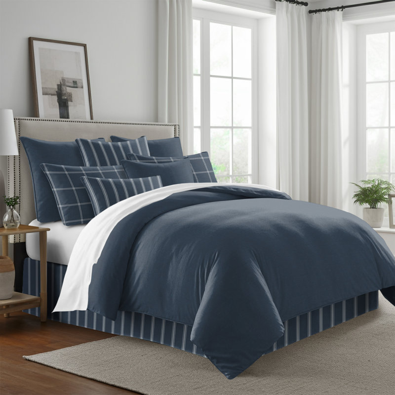 Shay Solid Dark Denim Cotton Comforter Set  8 Piece, Super King Comforter + 7 Additional Pieces