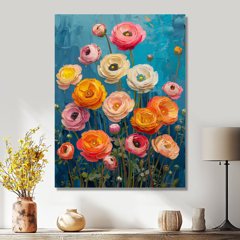 Rose, orange, vibrations vibrantes - Renoncule - Art mural, H 20 po x l 12 po x P 1 po, Toile tendue