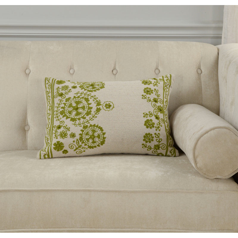 100% Cotton Throw Pillow, Down Alternative, Natural/Green