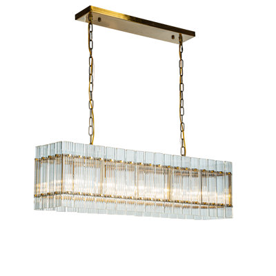 Longinus 38'' 5-light Modern Antique Gold Rectangular Dining Chandelier With Fluted Glass Panel Shade