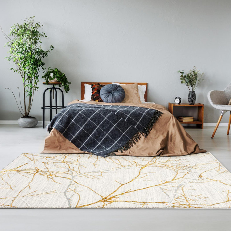 Tapis moderne moderne à motif abstrait, Rectangle 8 pi x 10 pi, Crème / doré