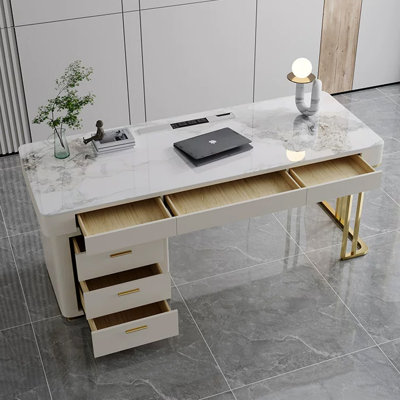 Bureau frangé crème et doré + bois manufacturé + acier inoxydable avec 6 tiroirs