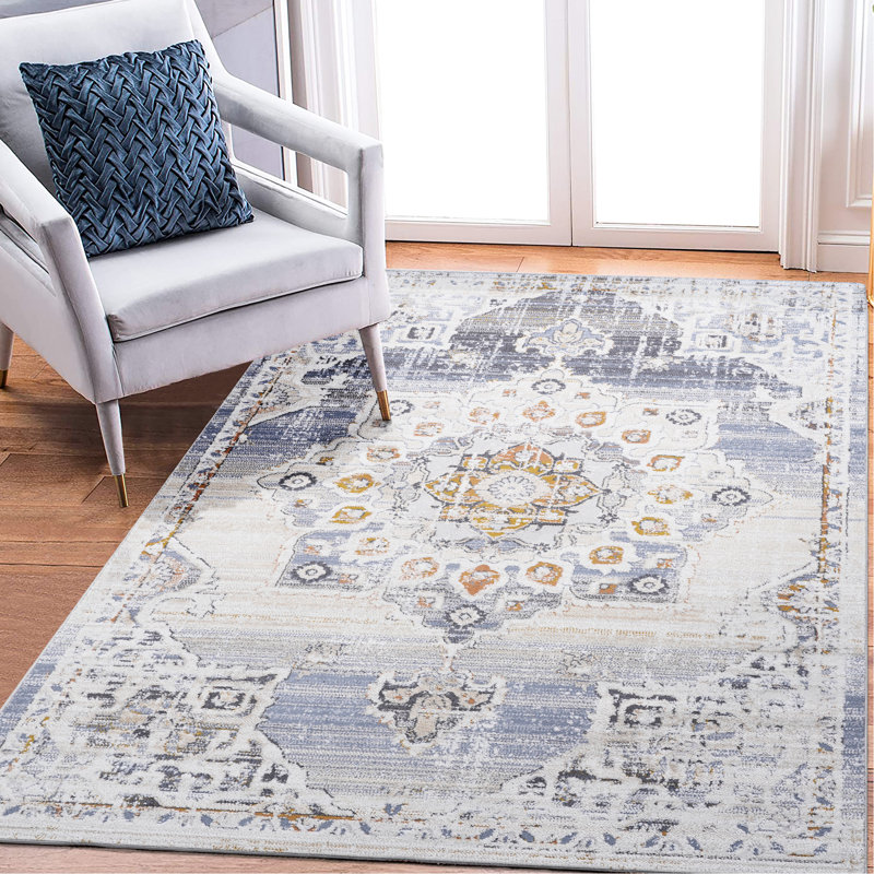 5X7 Cream Area Rug With Gold Medallion Ornament - Non-Shedding, Stain For Dining Room In Cream/Gold Pet-, Stress- Cleaning Bedroom