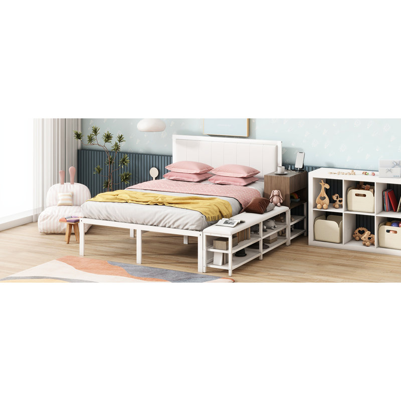 Full Metal Platform Bed With Storage, Wooden Cabinet, In White Hue Fashionable Look, White