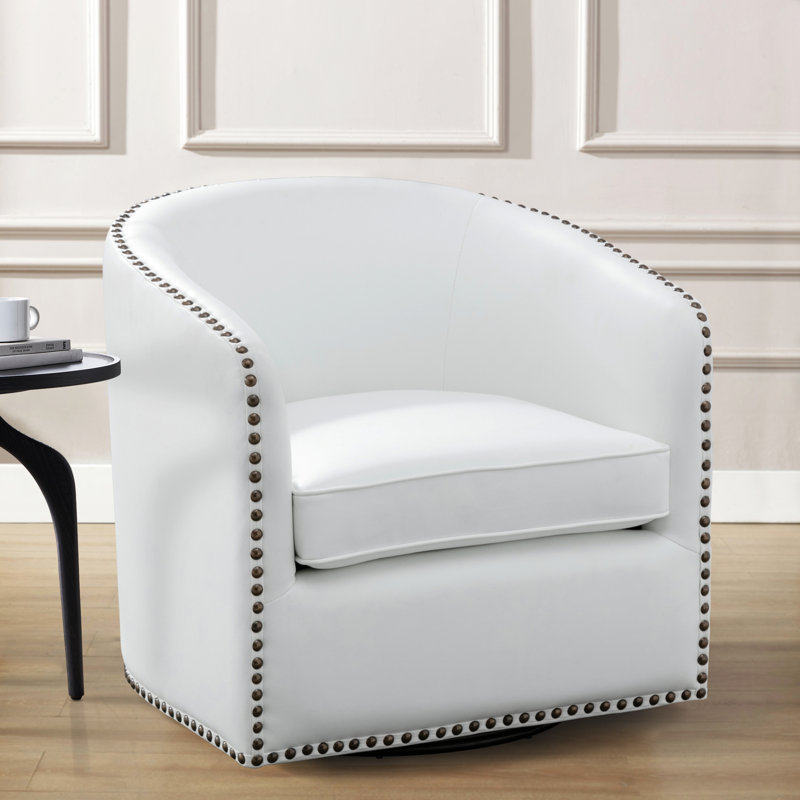 Gatwick 28.5'' W Faux Leather Swivel Barrel Chair, Milky Faux Leather