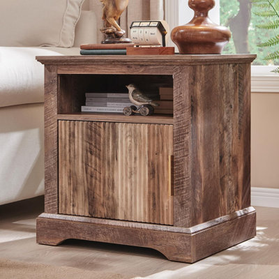Fluted Nightstand with Charging Station, 22" Large Modern Side Table, Wood End Table w/Open Shelf & Spacious Tabletop
