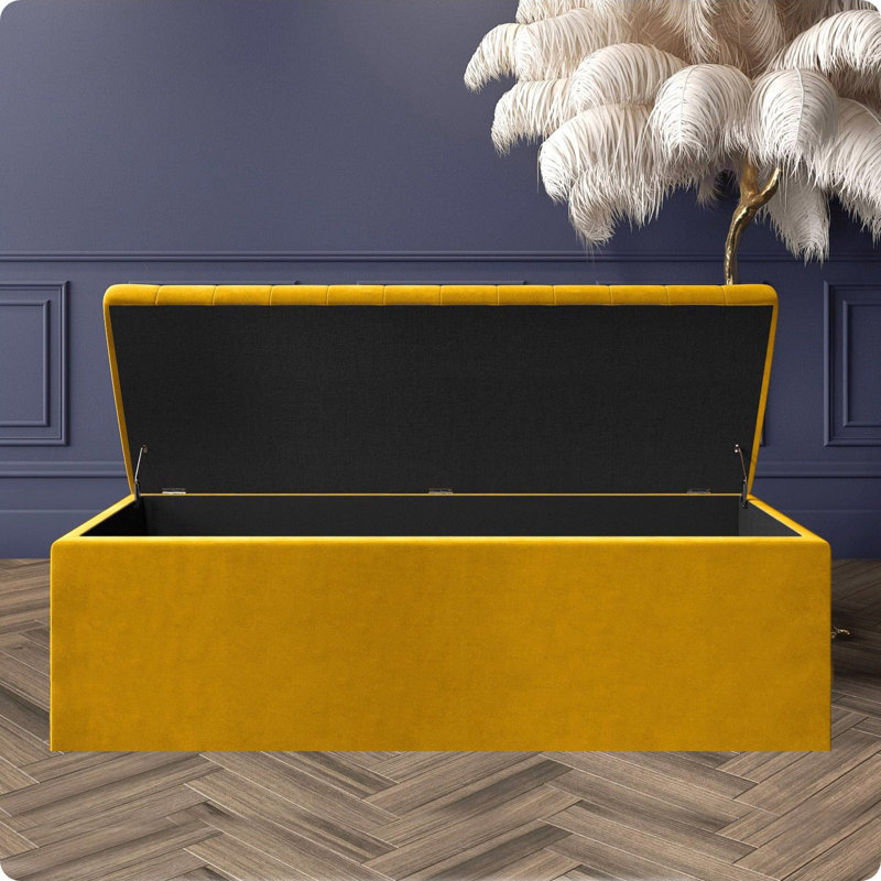 Safar Wide Velvet Rectangle Solid Color Standard Ottoman Box with Storage, Mustard Gold Plush Velvet, 180 cm