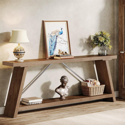 Console extra longue de 70,9 po derrière le canapé, canapé industriel avec tablettes de rangement à 2 niveaux, table de couloir d'entrée étroite pour le salon, vestibule, brun naturel clair
