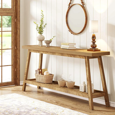 70.9 Inches Extra Long Farmhouse Console Table, Wood Entryway Table with 2-Tier Open Storage, Rustic Narrow Sofa Table Behind Couch for Hallway, Livin