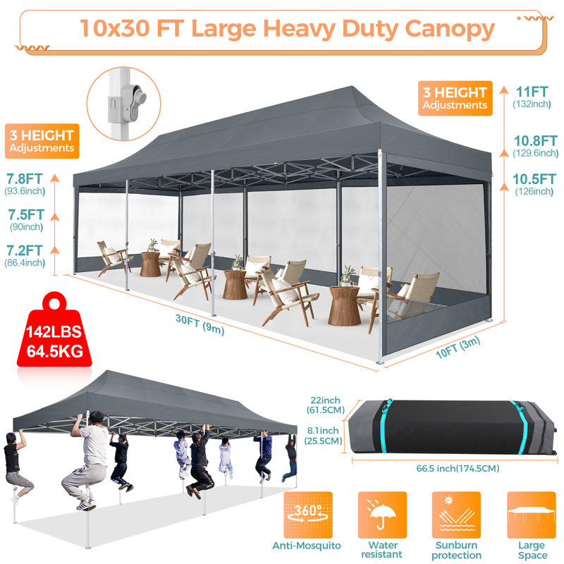 10x30 Pop up Canopy Tent with Sidewalls, Heavy Duty Easy Set up, Grey