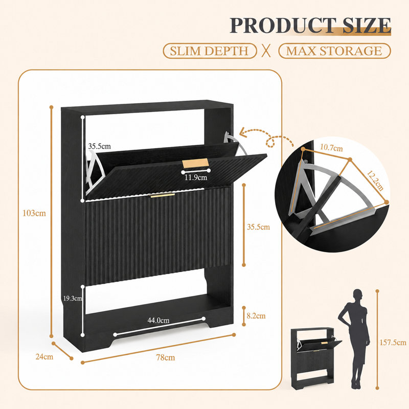 16 Pair Shoe Storage Cabinet, 16 cm H x 46 cm W x 113 cm D, Black