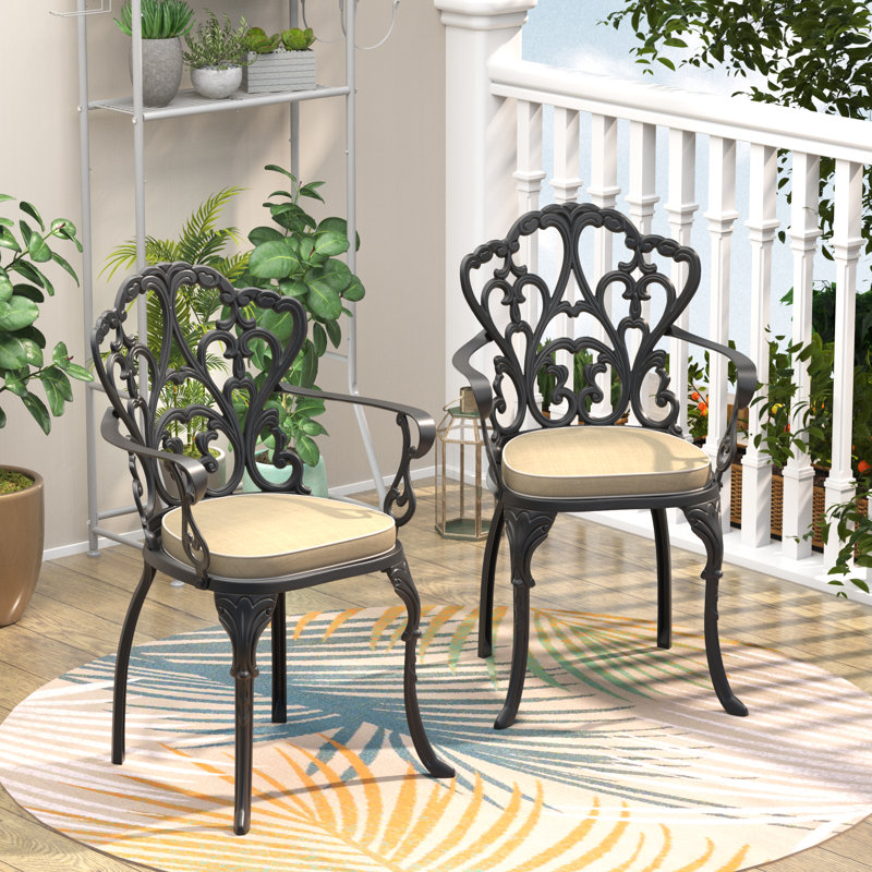 Fauteuil d'extérieur en fonte d'aluminium, chaise de patio avec cadre en métal noir et coussins beiges, 2