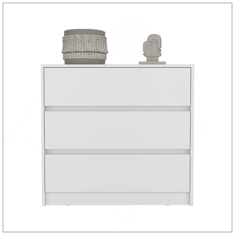 Commode Maldus, trois tiroirs, finition blanche, Blanc