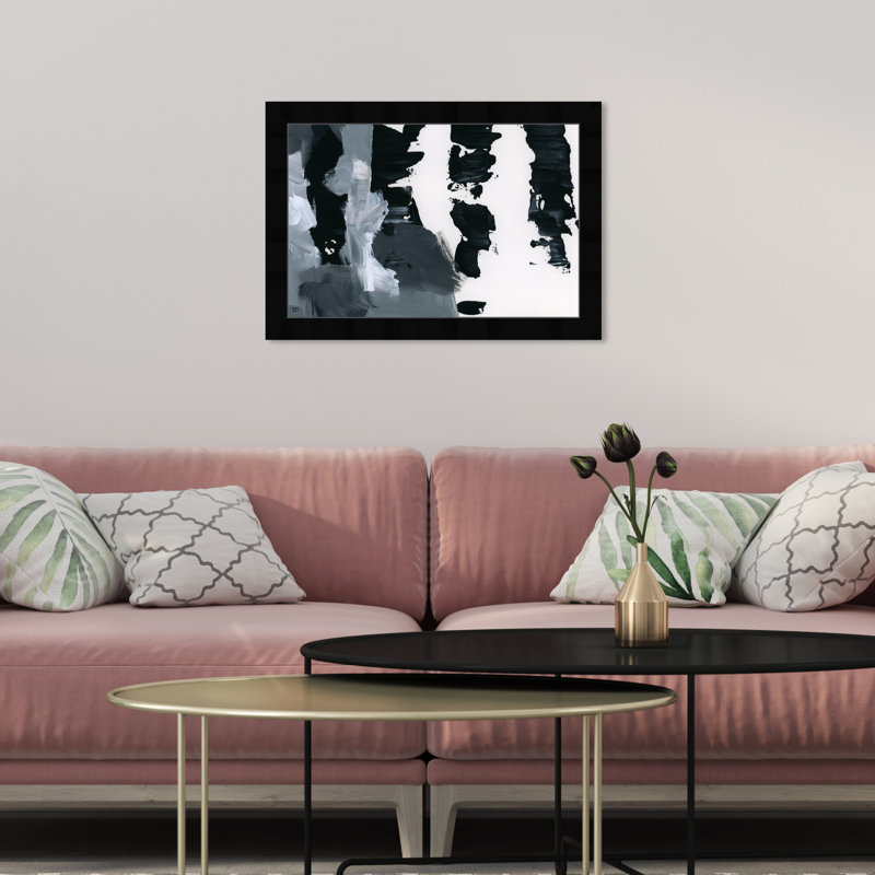 Reproduction d'art contemporain encadré abstrait noir et blanc pour salle de bain, Cadre noir, H 12 po x l 17 po