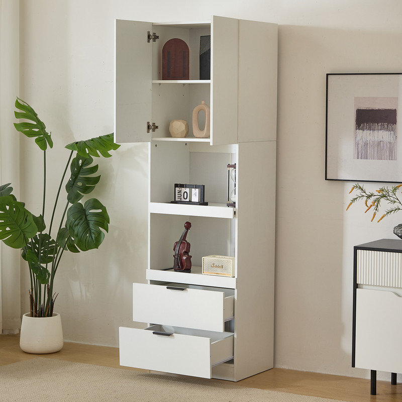 Tall White Kitchen Cabinet 200 cm with Anti-Tip Protection, Freestanding Sideboard for Dining & Living Room