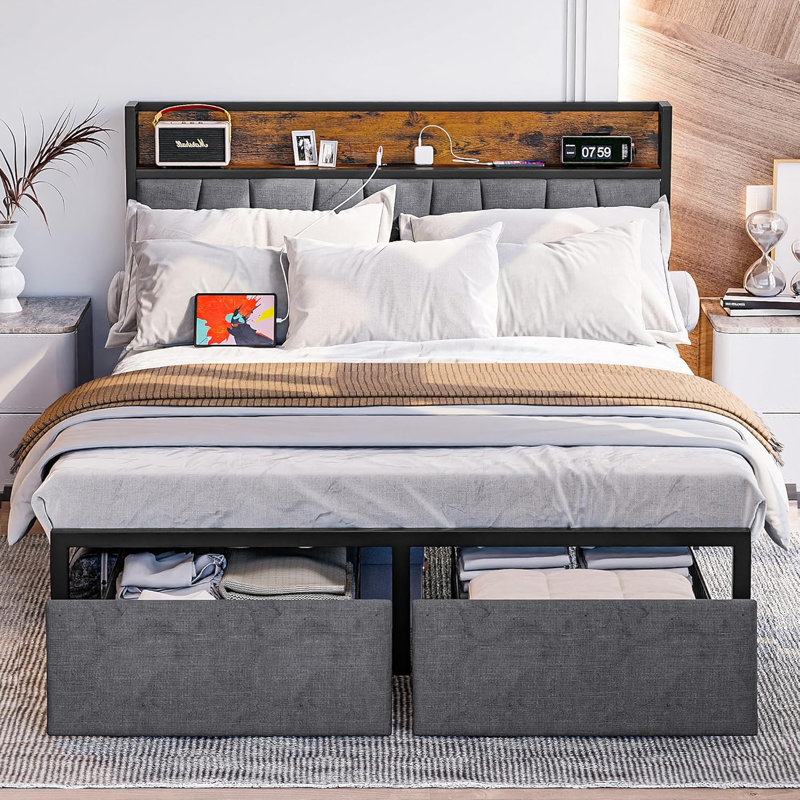 Structure de grand lit avec tête de lit, 2 tiroirs et station de charge USB