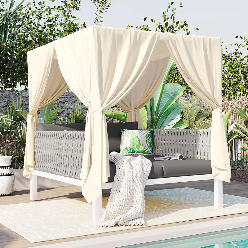 Lit de bronzage d'extérieur avec rideaux, grand confort, adapté à de multiples cas de figure, Gris