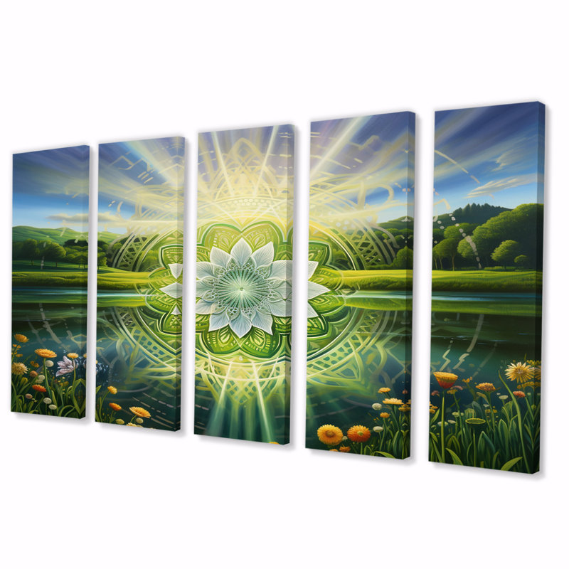 Lumineux mandala brillant au paradis paysage I - décoration murale bouddhisme - 5 panneaux égaux