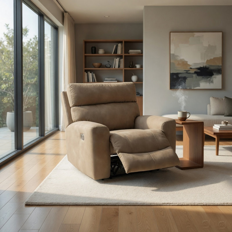 Fauteuil inclinable électrique Corbin, réglable, port USB, similicuir, Brun sable, Brun sable