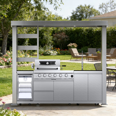 Barbecue de 110 po pour îlot de cuisine extérieur, barbecue à gaz 4 brûleurs de 72 000 BTU avec rôtissoire, brûleur latéral, réfrigérateur à vin, comptoirs en granit et armoires de rangement
