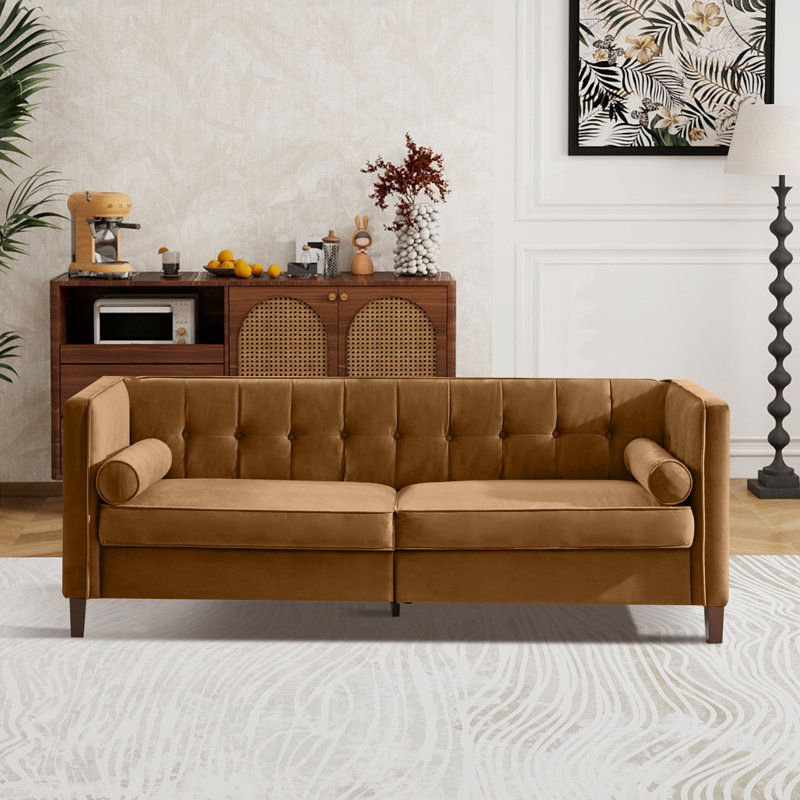 78''  Wide Velvet Tufted Square Arm Sofa, Brown Velvet