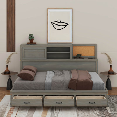 Full Size Wooden Daybed With 3 Storage Drawers, Upper Soft Board, Shelf, And A Set Of Sockets And USB Ports