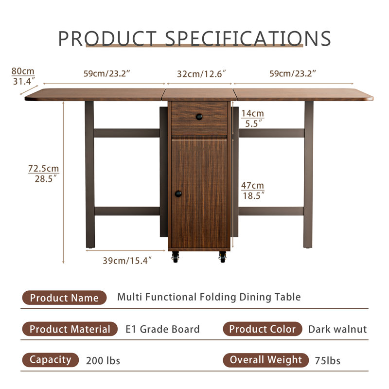 No Assembly Required, 59'' Walnut Folding Dining Table For Small Space, Rectangular Wooden Extendable Drop Leaf Table With Lockable Wheels And Storage For Kitchen Dining Living Room