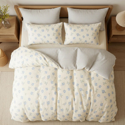 Floral Duvet Cover Set Queen Size Beige Blue Floral Gingham Reversible Bedding Duvet Cover With Zipper Closure Soft Microfiber Comforter Cover Queen And 2 Pillowcases