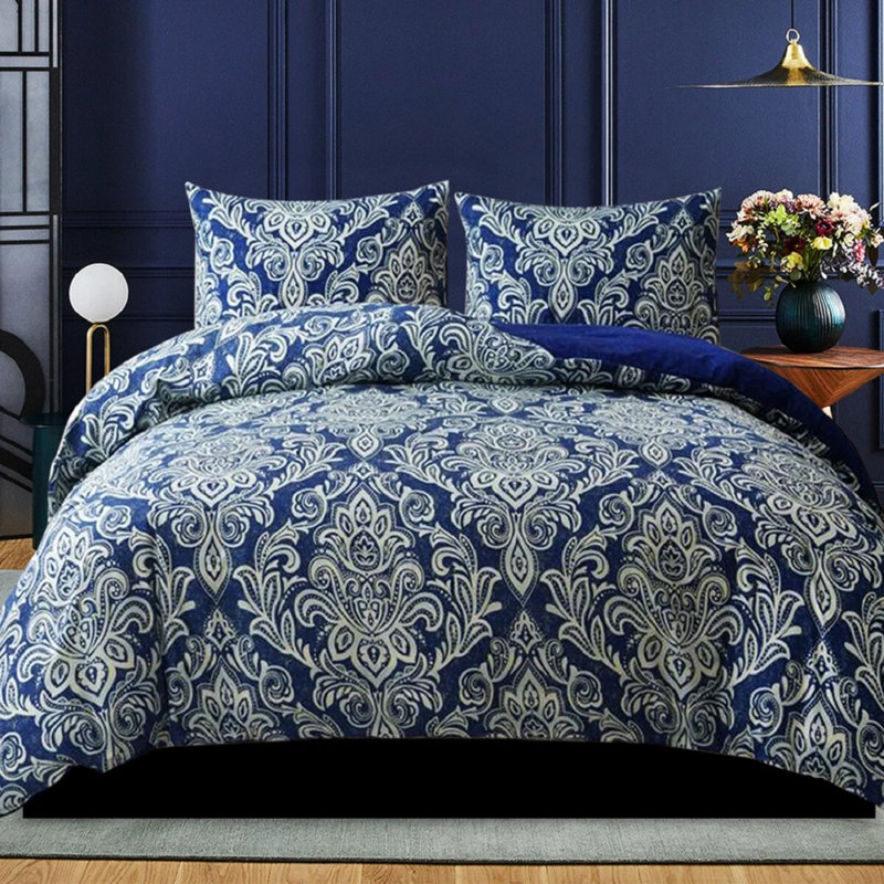 Cotton Duvet Cover Set with Pillowcases Included, Blue Damask, Kingsize Duvet Cover Set + 2 Standard Pillowcases