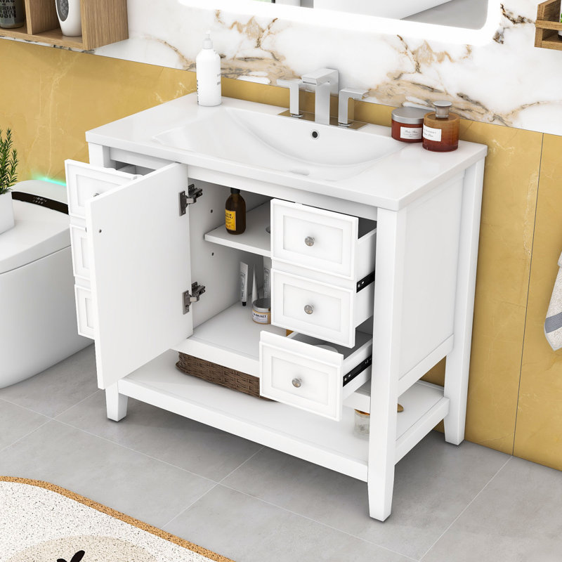 Meuble-lavabo autoportant élégant avec lavabo en céramique et rangement spacieux, Blanc