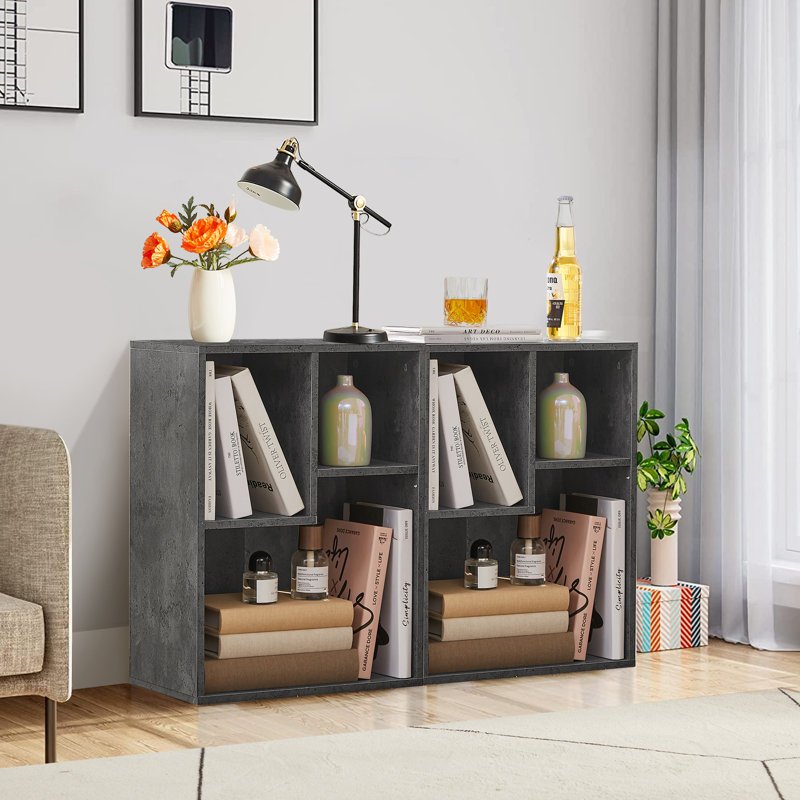 (Ensemble de 2) Petite bibliothèque moderne grise, 2 tablettes verticales horizontales ouvertes irrégulières, Gris