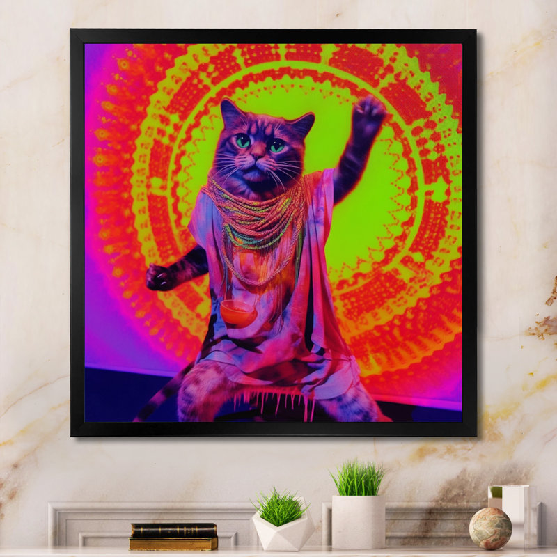 Chat Rave en néon rose - imprimé, H 24 po x l 24 po x P 1 po, Cadre simple noir