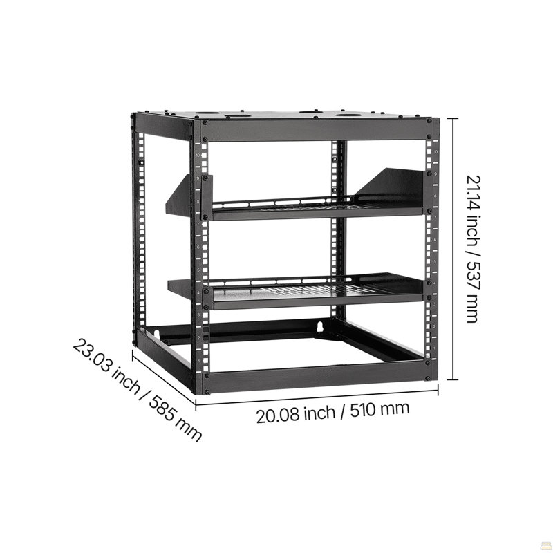 Support réseau 10U à cadre ouvert de 23 po de profondeur, support mural ou sur pied, 4 poteaux robustes, avec tablettes ventilées et quincaillerie de fixation