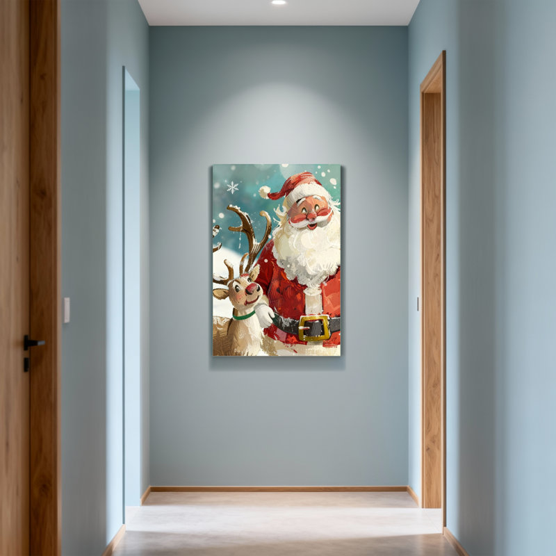 Père Noël avec des rennes dans une scène enneigée, H 36 po x l 24 po
