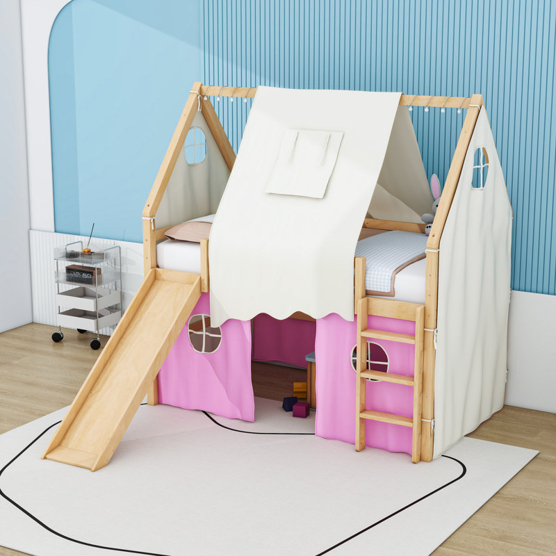 Imaginative House Loft Bed with Slide and Tent, Full