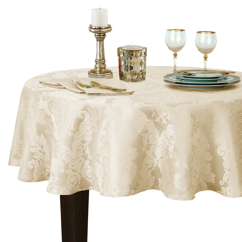 Nappe en jacquard de polyester uni à damas floral Burchfield, Crème, Rond L 70 po x l 70 po