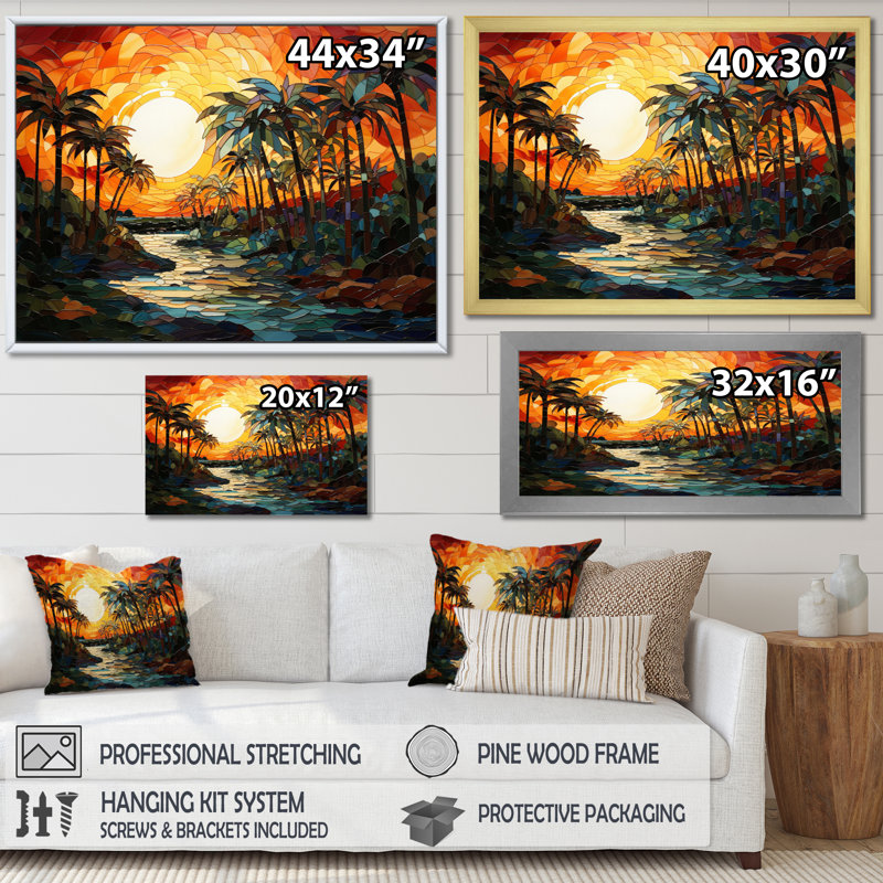 Palmiers orange mosaïque VI - impression, H 12 po x l 20 po x P 1 po, Cadre naturel flottant