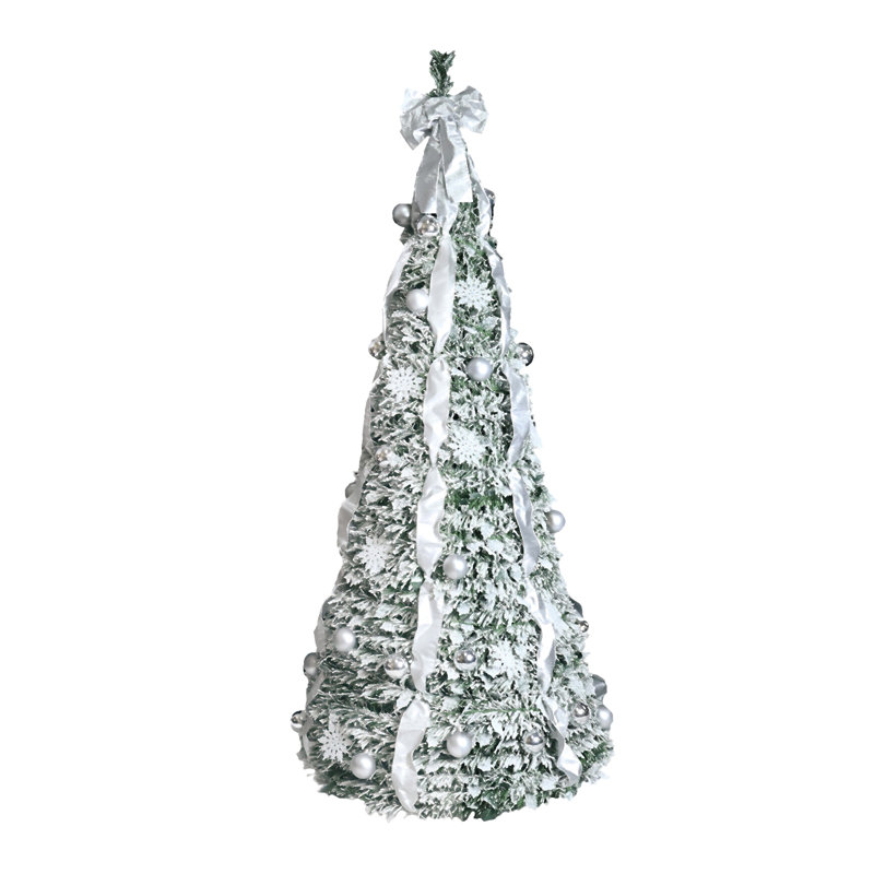 Arbre de Noël pop-up floqué avec lumières Ul blanc chaud - pré-décoré avec des ornements, des flocons de neige, des rubans et un grand nœud - facile à assembler et peu encombrant