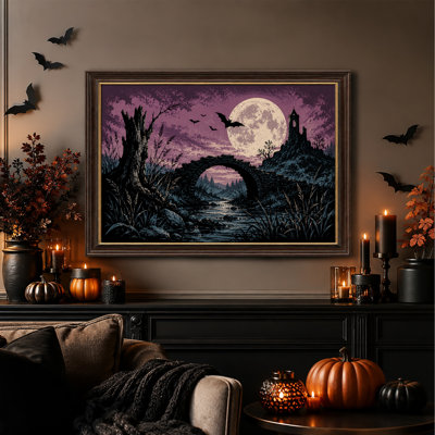 Pont de pierre et tour en ruine sous une lune violette - Toile murale d'Halloween
