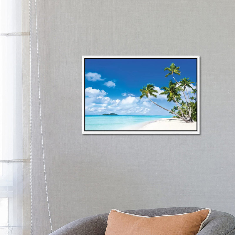 Tropical Beach With Palm Trees by Jan Becke - Print on Canvas, 66.04 cm H x 45.72 cm W, White Framed