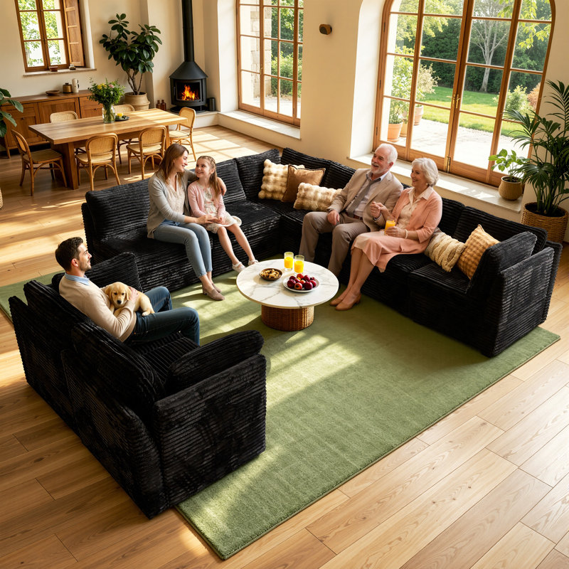 Hogle 8-piece Modular L-shaped Plush Corduroy Sectional Sofa With Loveseat, Cozy Living Room Furniture Set, Black Plush