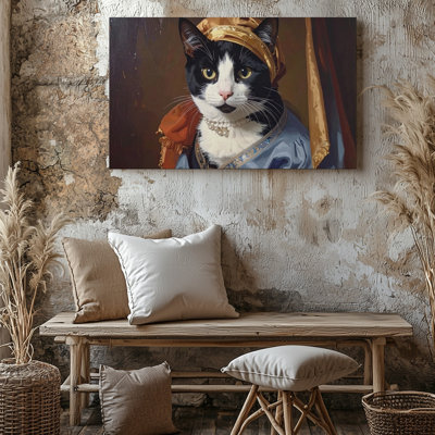 Chat avec une perle boucle d'oreille féline parodie d'un chef-d'œuvre d'art mural sur toile prêt à accrocher