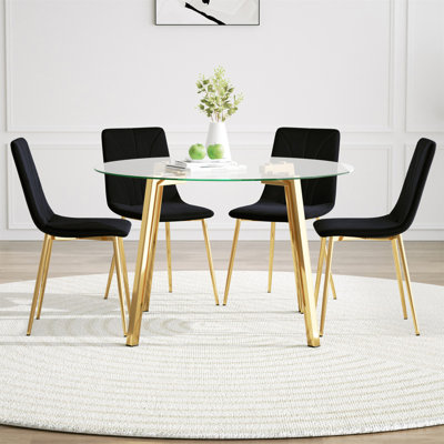 Table de salle à manger ronde en verre de style moderne, conception transparente élégante, base de support robuste, ensemble de chaises de salle à manger en velours noir, pieds de chaise en métal plaqué or, convient à la salle à manger et à la cuisine (ensemble de 5)